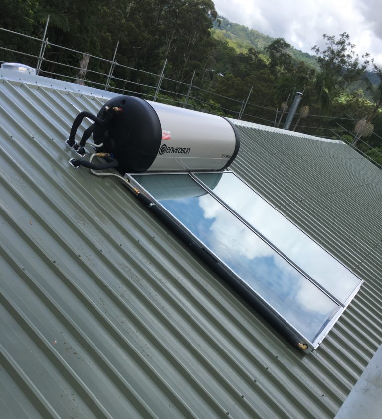 Solar hot water system fitted to a corrugated metal roof in Noosa by Noosa Hot Water