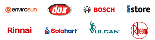 Logos of leading hot water system brands available on Noosa
