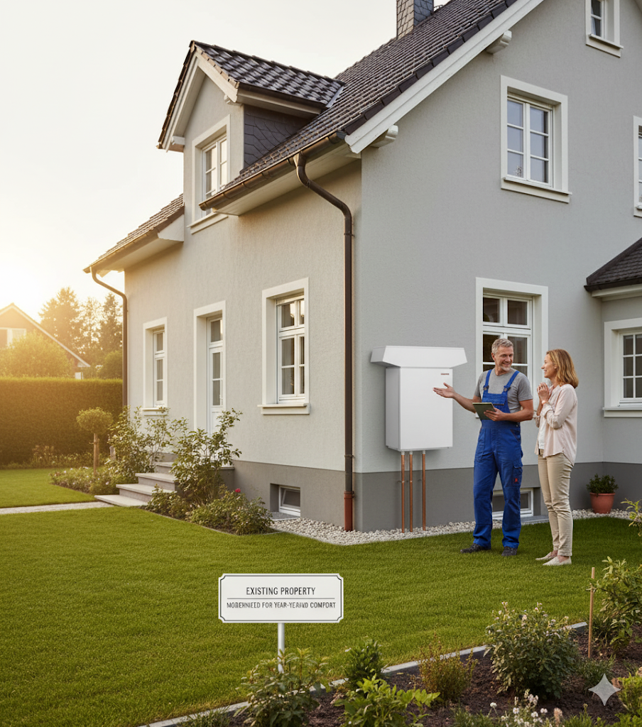 Technician outlining an outdoor hot water system installation at a Noosa residence.