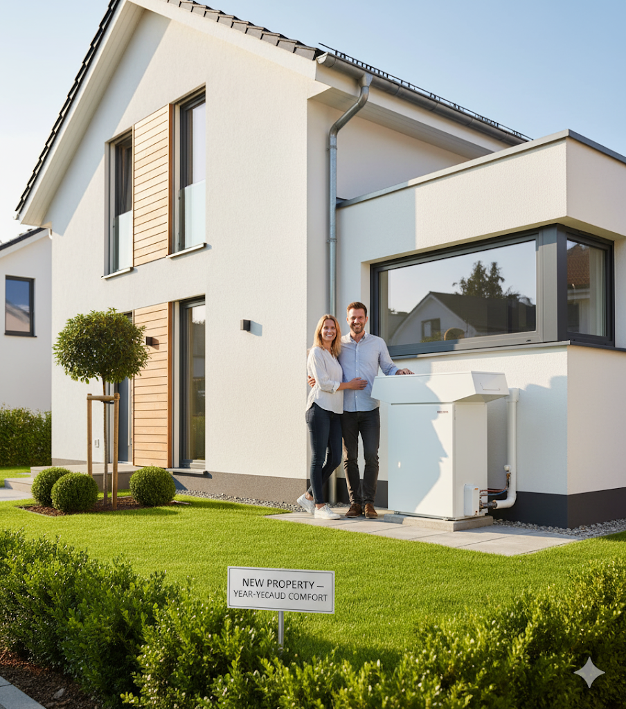 Couple standing beside an outdoor hot water system at a new Noosa home
